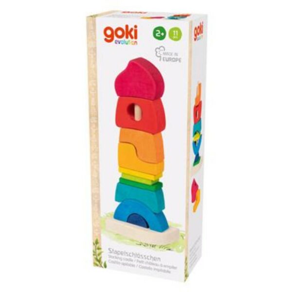 Goki Stapeltoren Klein Kasteel natuurlijk hout houten speelgoed montessori vrije school antroposofisch duurzaam gifvrij cadeautip stapelen bouwen seizoenstafel doos verpakking