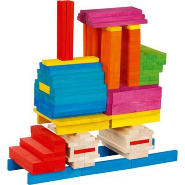 Goki Bouwblokken Gekleurd houten plankjes kapla natuurlijk duurzaam gifvrij hout houten speelgoed duotsland europa bouwen cadeautip spelen montessori seizoenstafel thema thematafel vrije school antroposofisch trein
