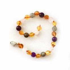 Armband barnsteen, labradoriet, rozenkwarts en amethist | 19 cm