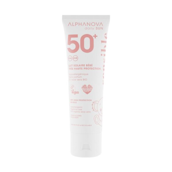 Alphanova Baby Sun Milk SPF50+ voor gevoelige babyhuid zonder parfum of witte waas